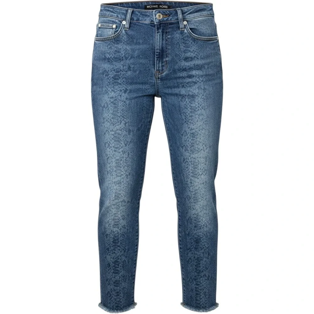 Michael Kors Blue Snakeskin Print Jeans 14 High Rise Raw Hem Stretch Denim
